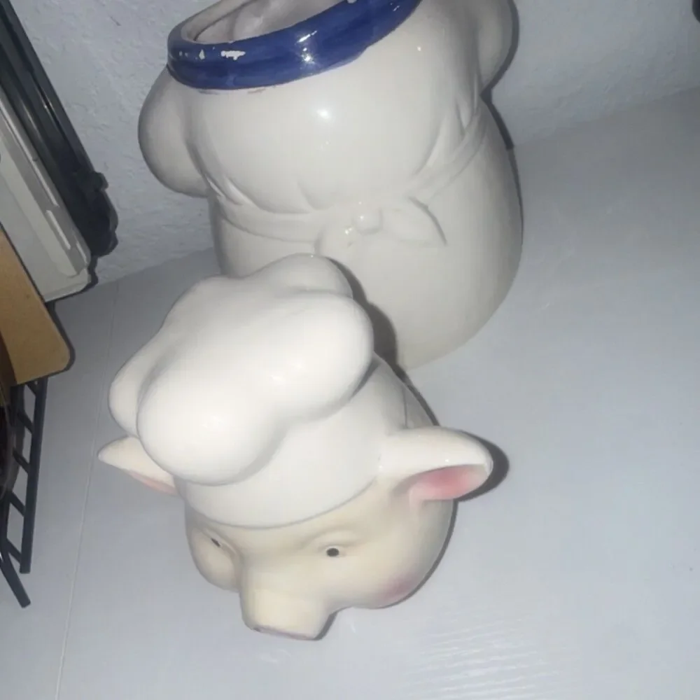 Vintage 1970 Ceramic Pig Chef Cookie Jar with Lid White Blue Pink 11 in